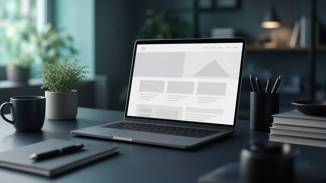 Laptop on a studio desk showing a business website layout