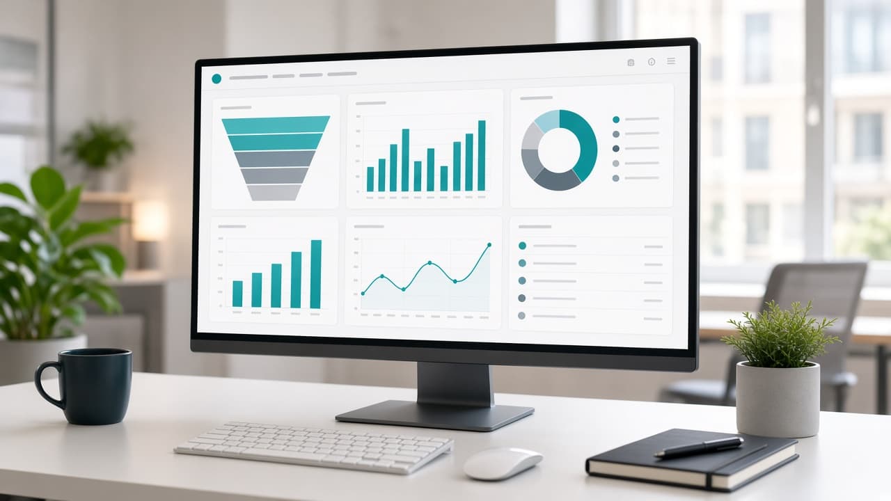 Sales CRM pipeline dashboard on a widescreen office monitor