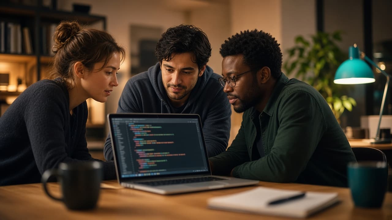 Developer and business owner reviewing software architecture diagrams