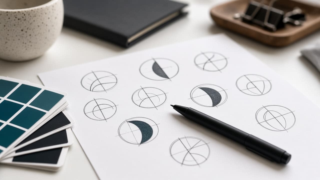 Brand designer desk with logo sketches and color swatches