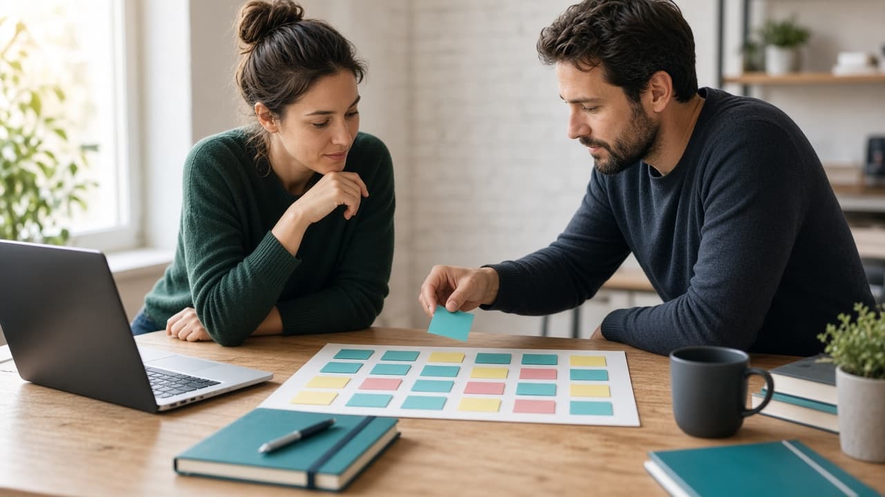 Founders reviewing a SaaS product roadmap with sticky notes and a laptop
